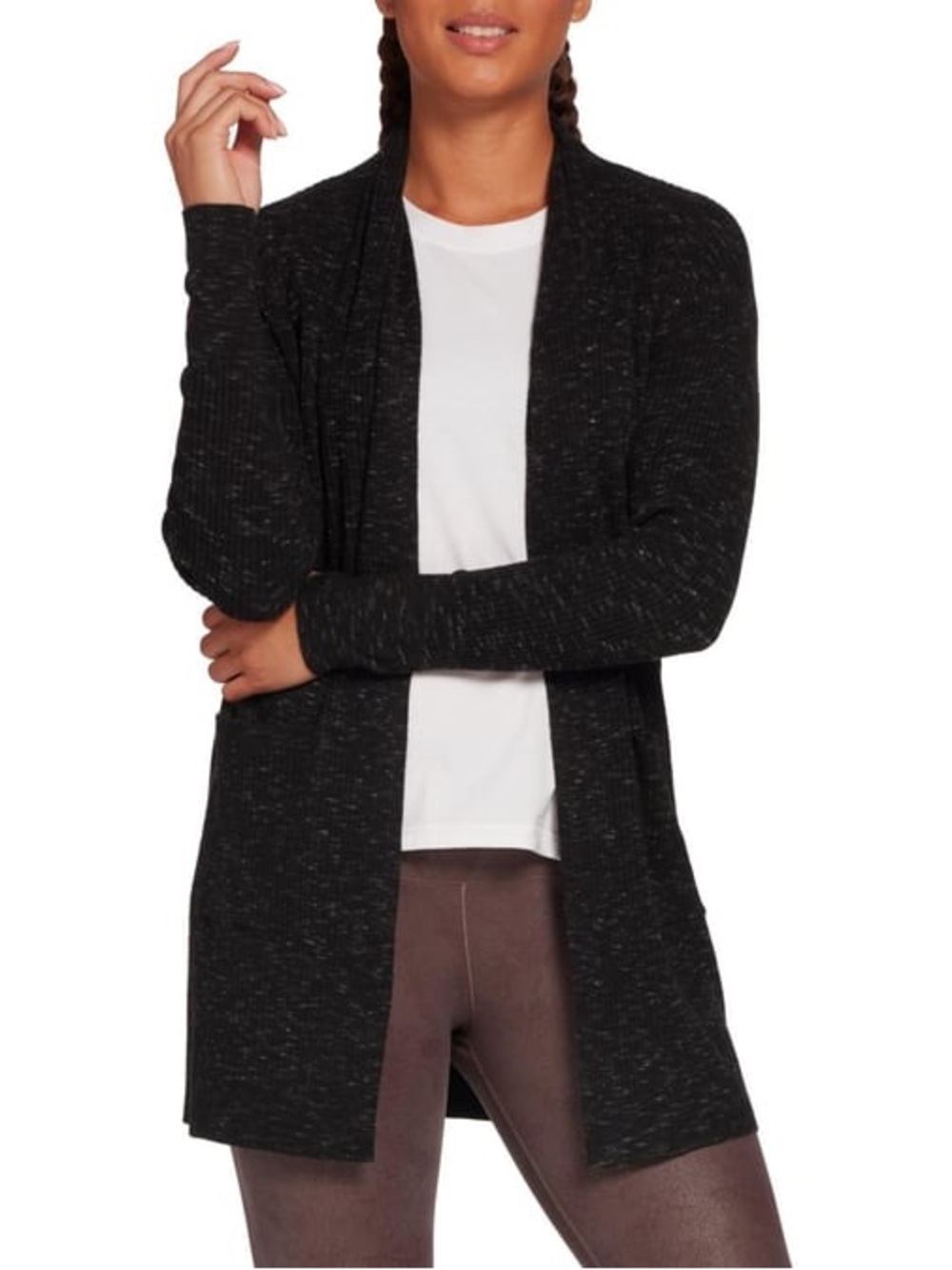 CALIA Black and White Speck Ribbed Cozy Soft Open Front Long Cardigan w/ Pockets